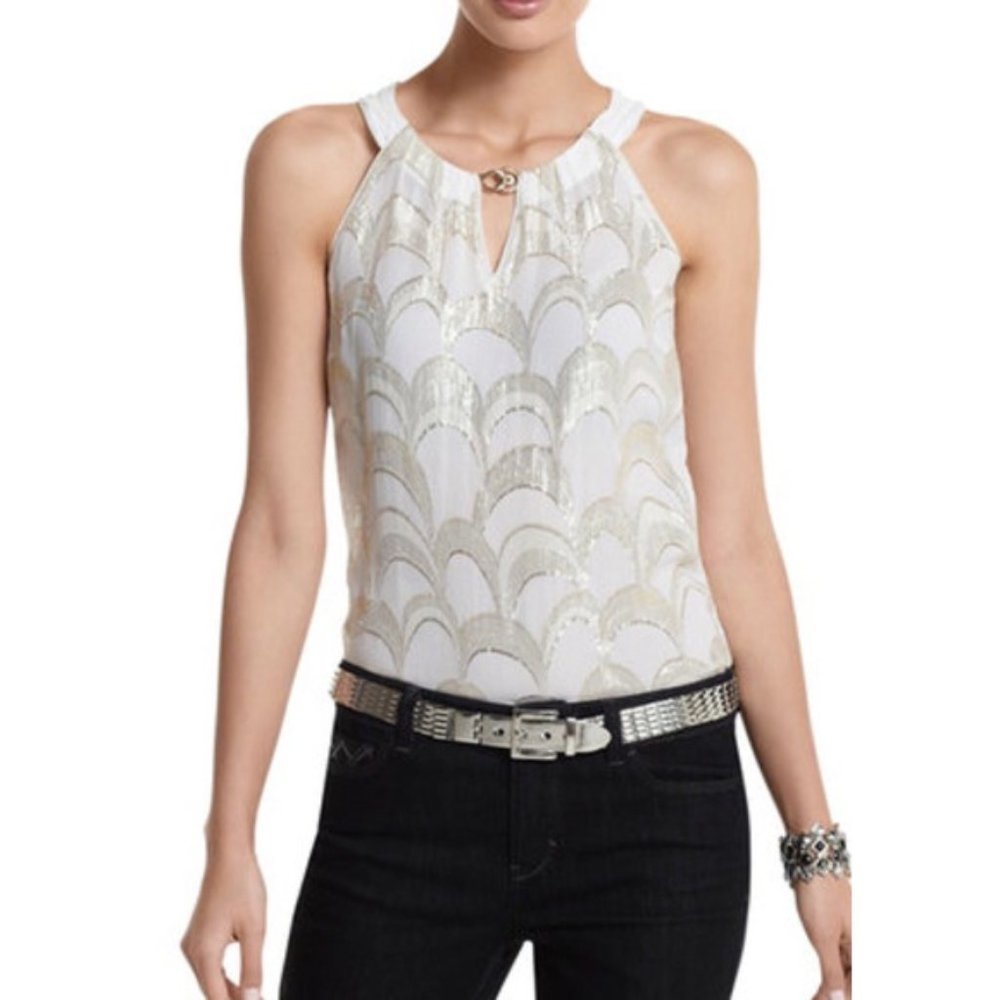 White House Black Market White and Gold Halter Tank Top